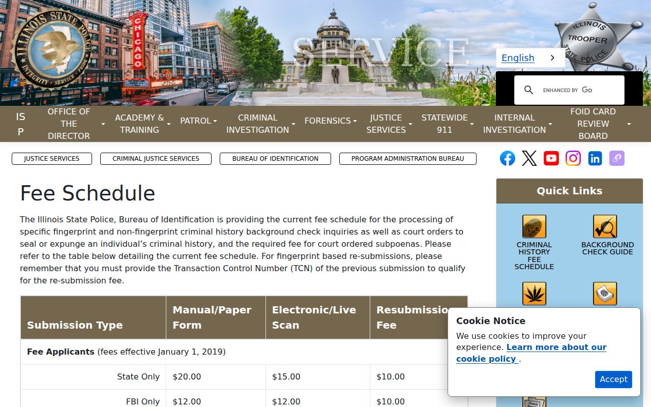 Illinois State Police fee schedule for criminal history services