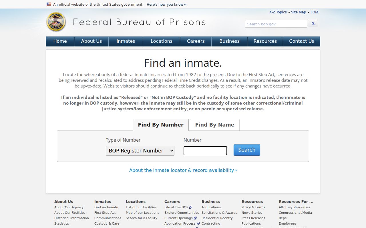 Federal Bureau of Prisons official inmate locator