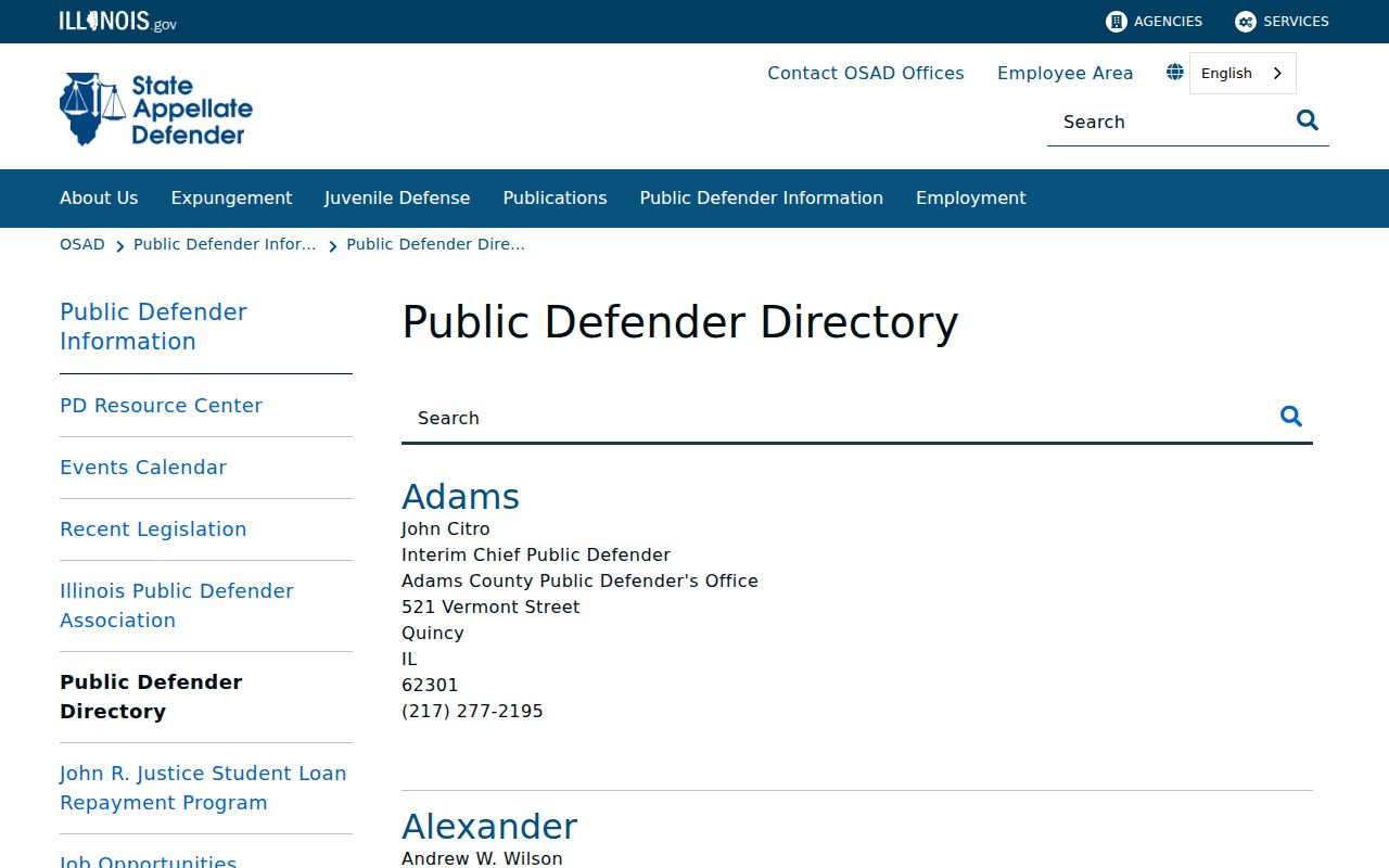 Illinois public defender directory identifying Jersey County